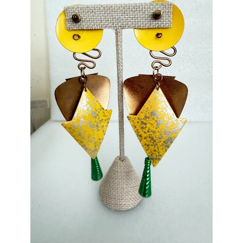 Vintage 1980s Memphis Style Geometric Mixed Metal Dangle Earrings 5 Inch Stateme